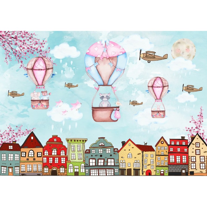 Fototapet autocolant PVC , Zburand deasupra orasului, 250x400 cm