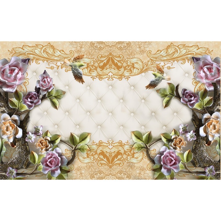 Tablou canvas - Abstract flori colorate pe auriu, 50x35 cm