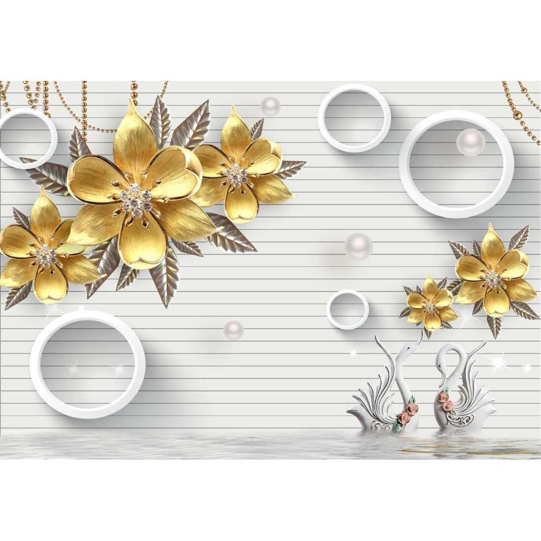 Tablou canvas - Abstract flori aurii si lebede, 75x50 cm