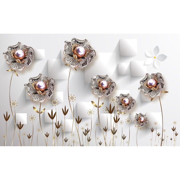 Tablou canvas - Abstract flori argintii cu perle, 50x35 cm