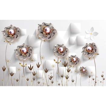 Tablou canvas - Abstract flori argintii cu perle, 90x50 cm Tablou canvas - Abstract flori argintii cu perle, 90x50 cm