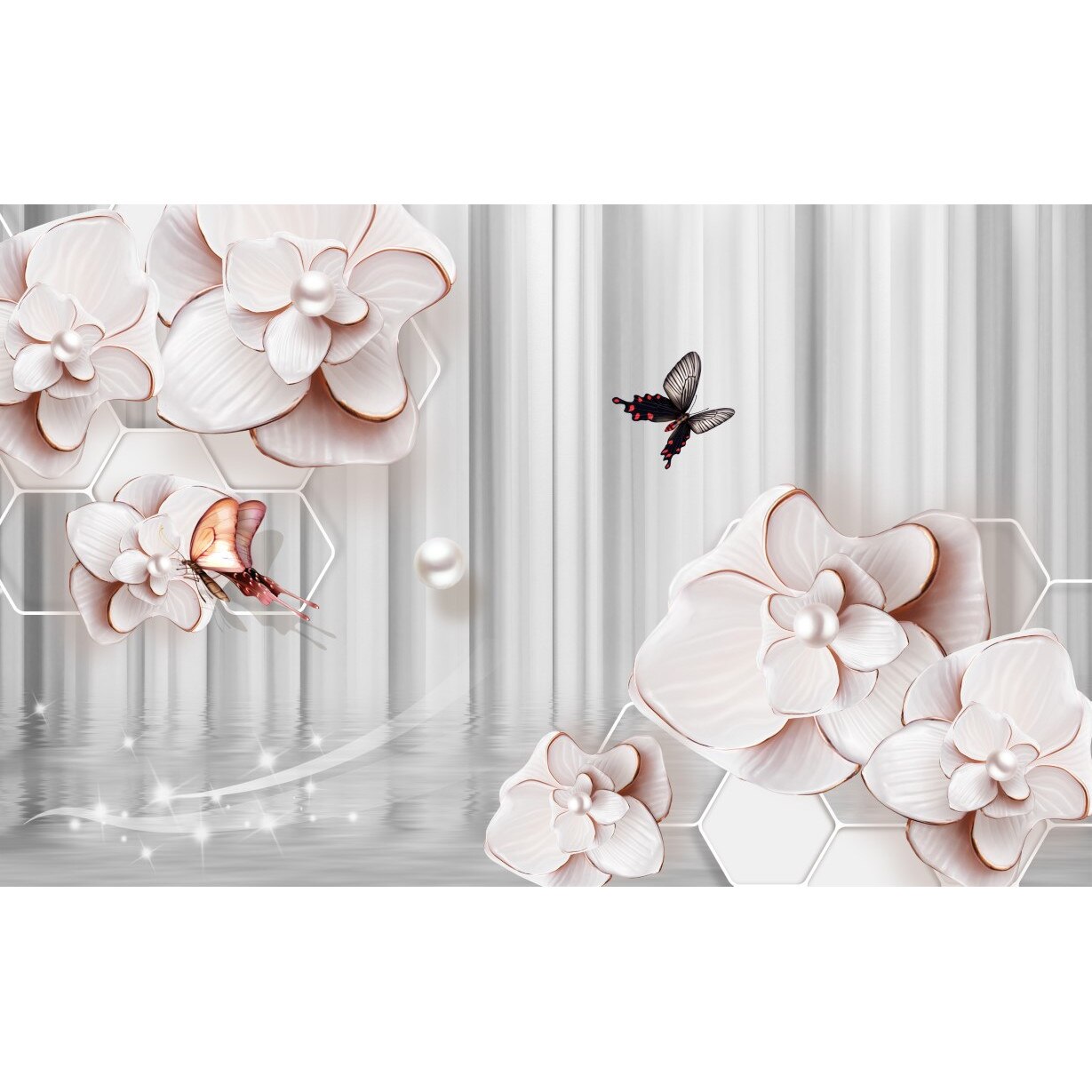 Tablou canvas - Abstract flori roz si fluturi, 100x70 cm