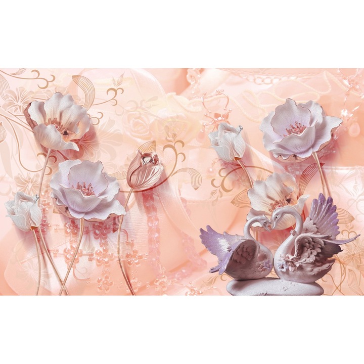 Tablou canvas - Abstract flori albe si lebede, 50x35 cm