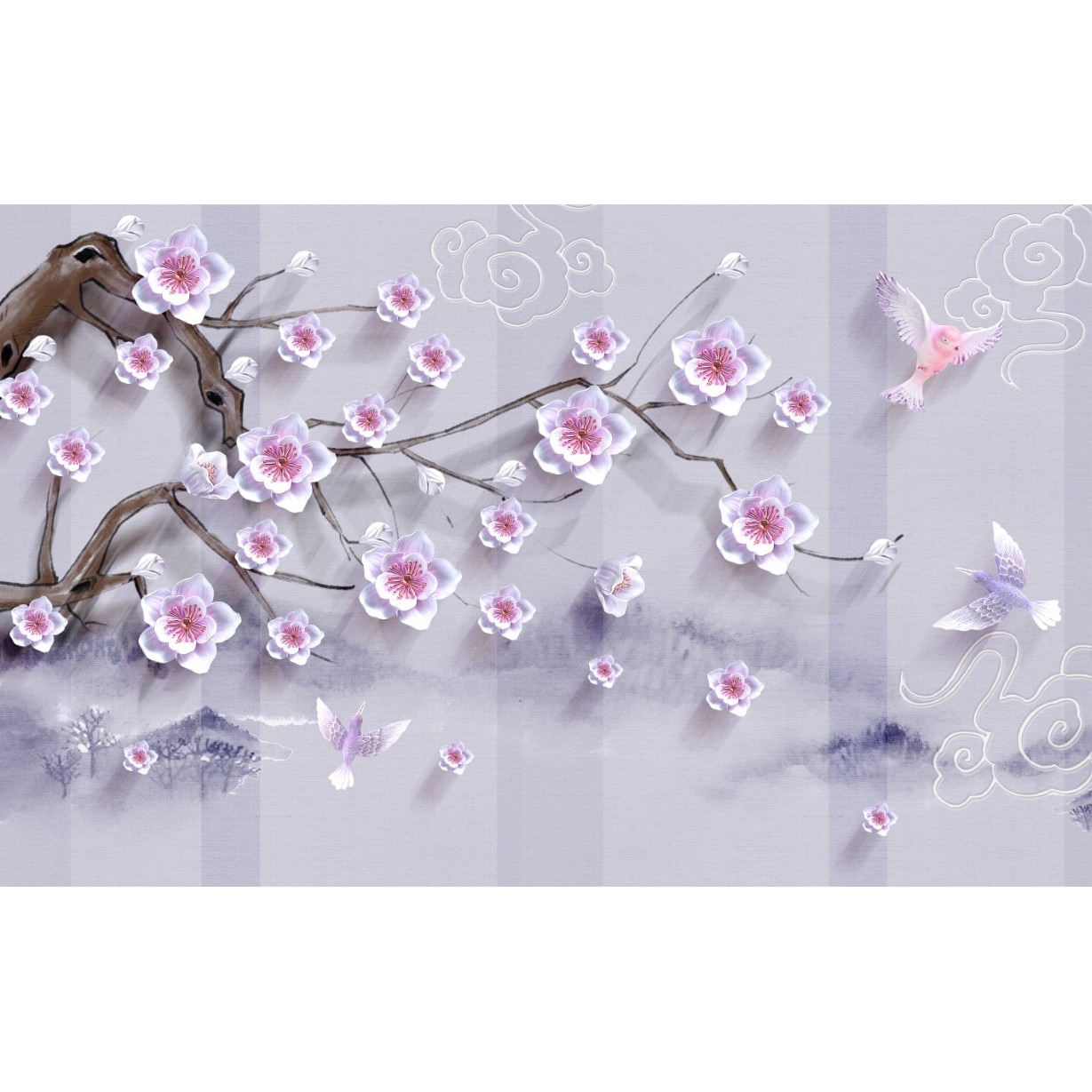 Fototapet autocolant PVC , Abstract copac si pasari, 250x400 cm