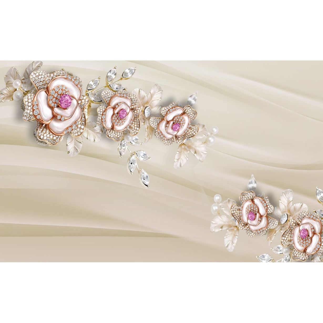 Fototapet autocolant PVC , Abstract flori cu perle albe, 200x300 cm