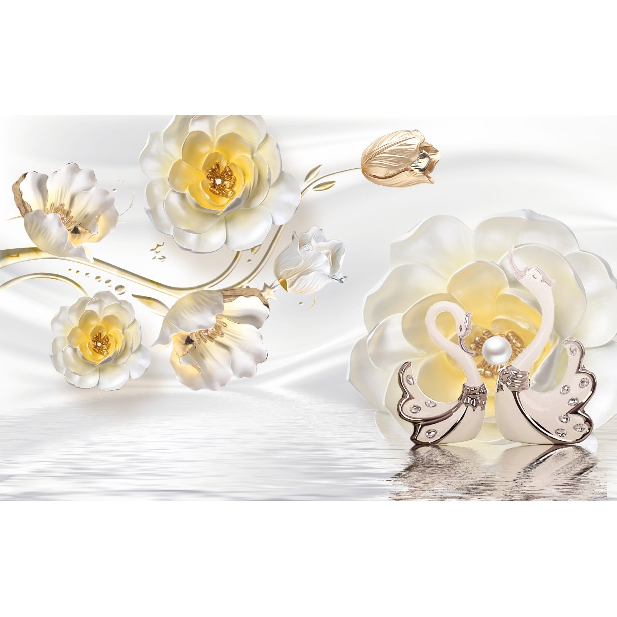 Tablou canvas - Abstract flori si lebede, 75x50 cm