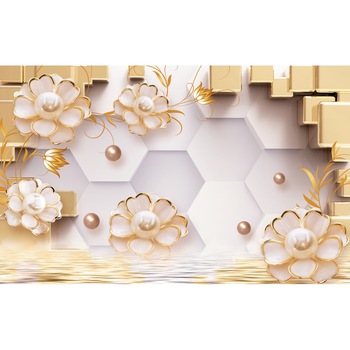 Tablou canvas - Abstract flori aurii si perle, 90x50 cm Tablou canvas - Abstract flori aurii si perle, 90x50 cm