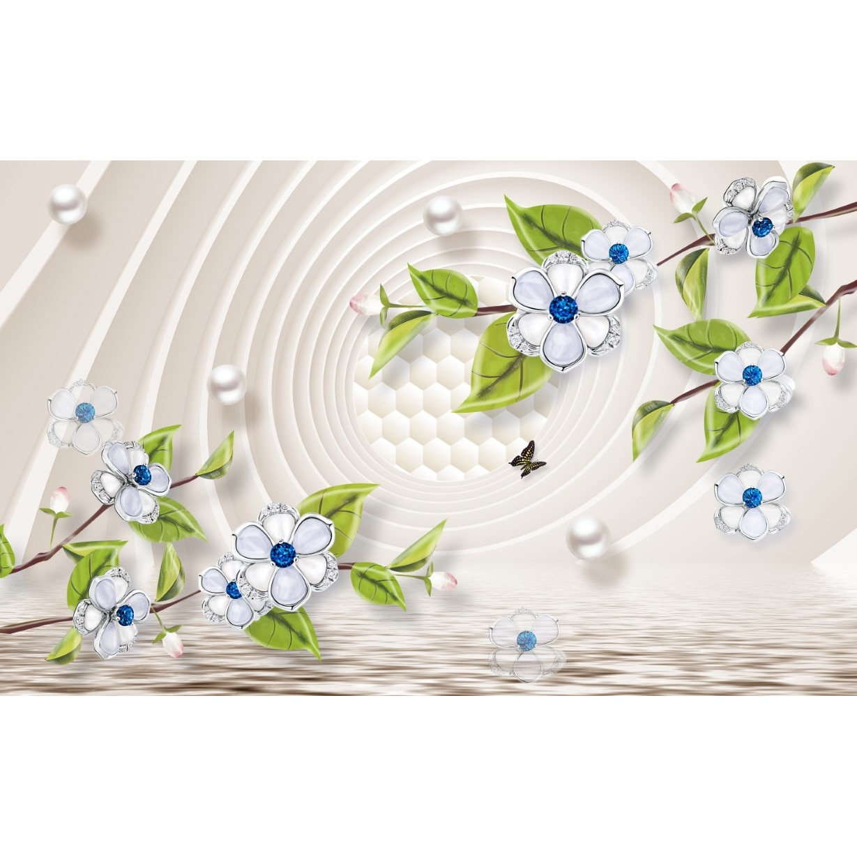 Tablou canvas - Flori albastre si fluture, 100x70 cm