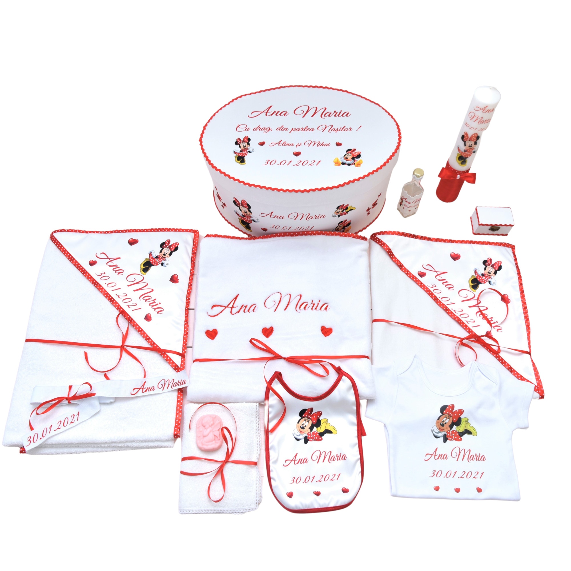 Set Trusou botez complet personalizat 12 piese Minnie, My Way, model TRS 1, Alb cu Rosu , 100% bumbac