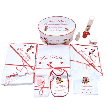 Set Trusou botez complet personalizat 12 piese Minnie, My Way, model TRS 1, Alb cu Rosu , 100% bumbac Set Trusou botez complet personalizat 12 piese Minnie, My Way, model TRS 1, Alb cu Rosu , 100% bumbac