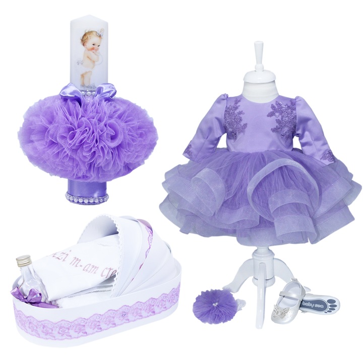 Set complet pentru botez, lumanare lila cu bebe printesa, rochie lila din tulle si satin, trusou brodat cu mesajul "Azi m-am crestinat" si pantofiori, 10 piese, REC992, 6-9 luni