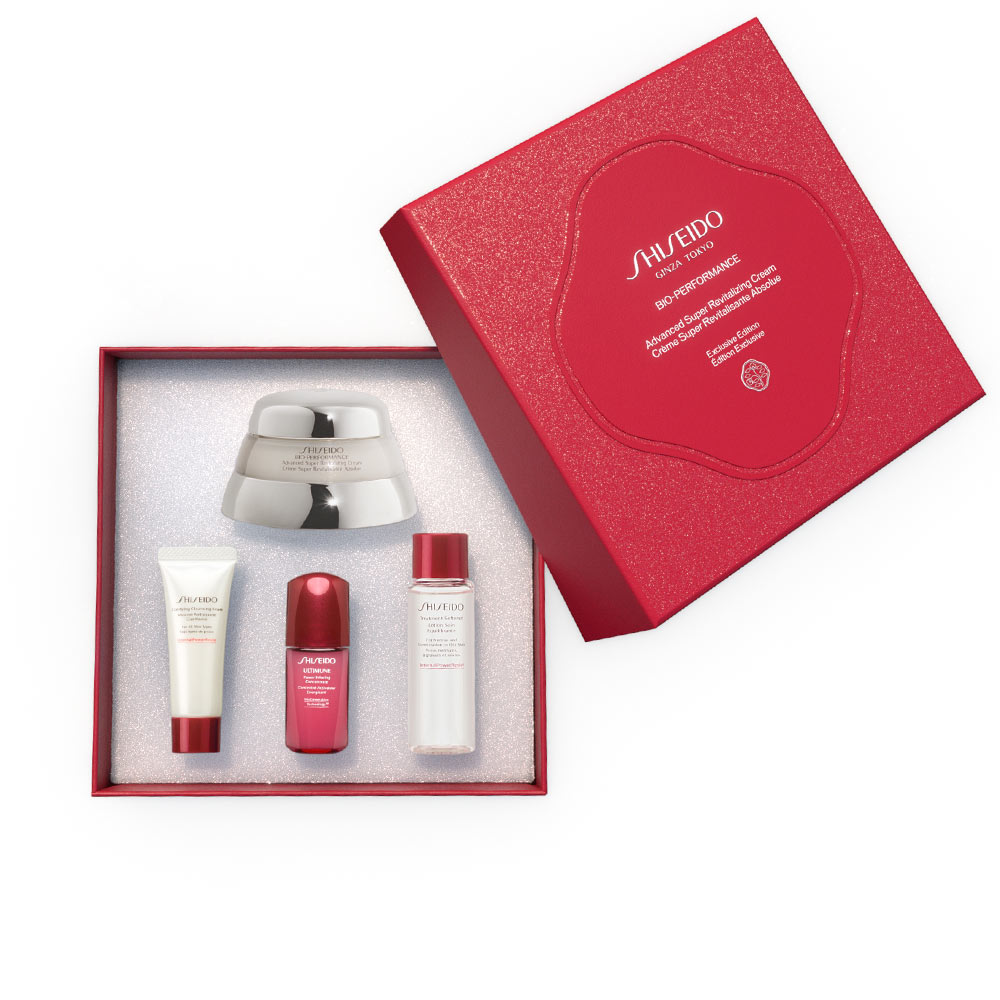 Set Shiseido Bop, crema super revitalizanta avansata 50 ml, spuma de curatare drept 15 ml, balsam pentru tratamentul 30 ml, concentrat de perfuzare 10 ml