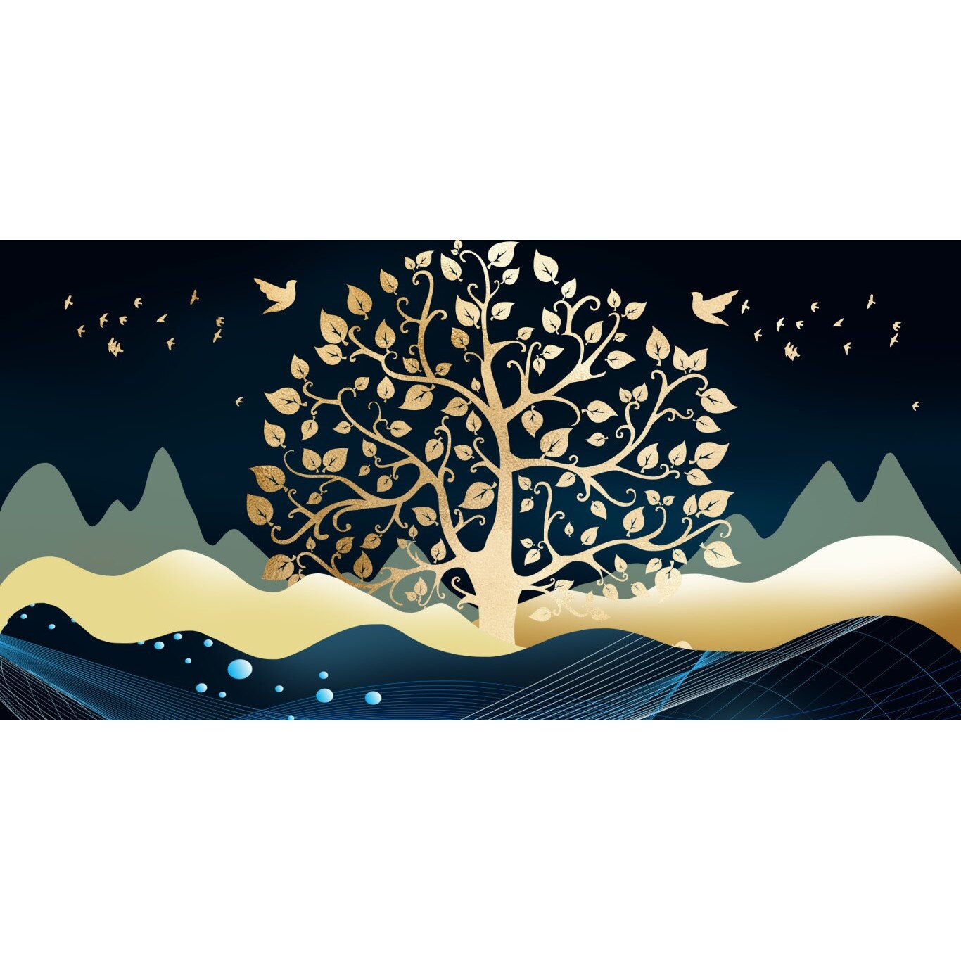 Tablou canvas - Abstract pom auriu cu pasari, 100x70 cm