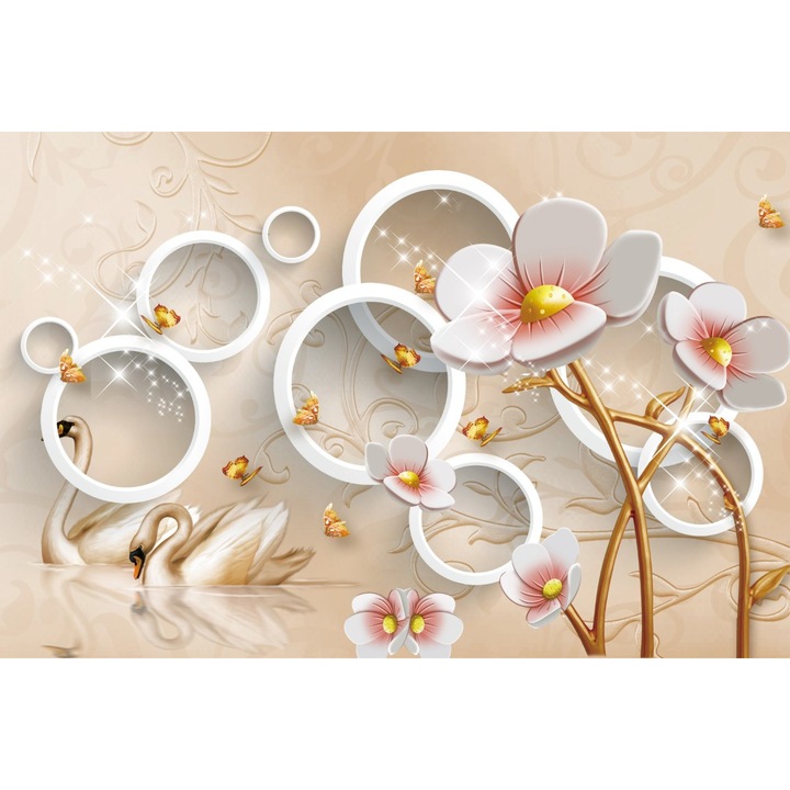 Tablou canvas - Abstract lebede si flori albe, 50x35 cm