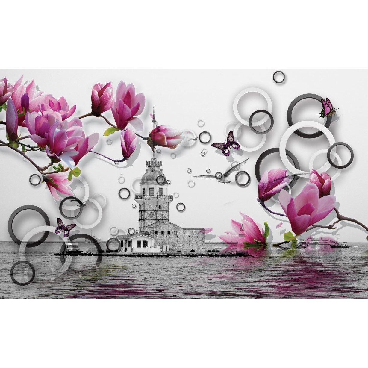 Fototapet autocolant PVC , Insula flori si ambarcatiuni, 250x400 cm