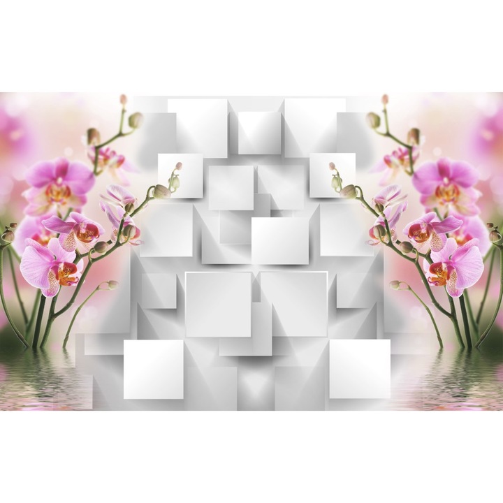 Tablou canvas - Flori roz cu patrate albe, 50x35 cm