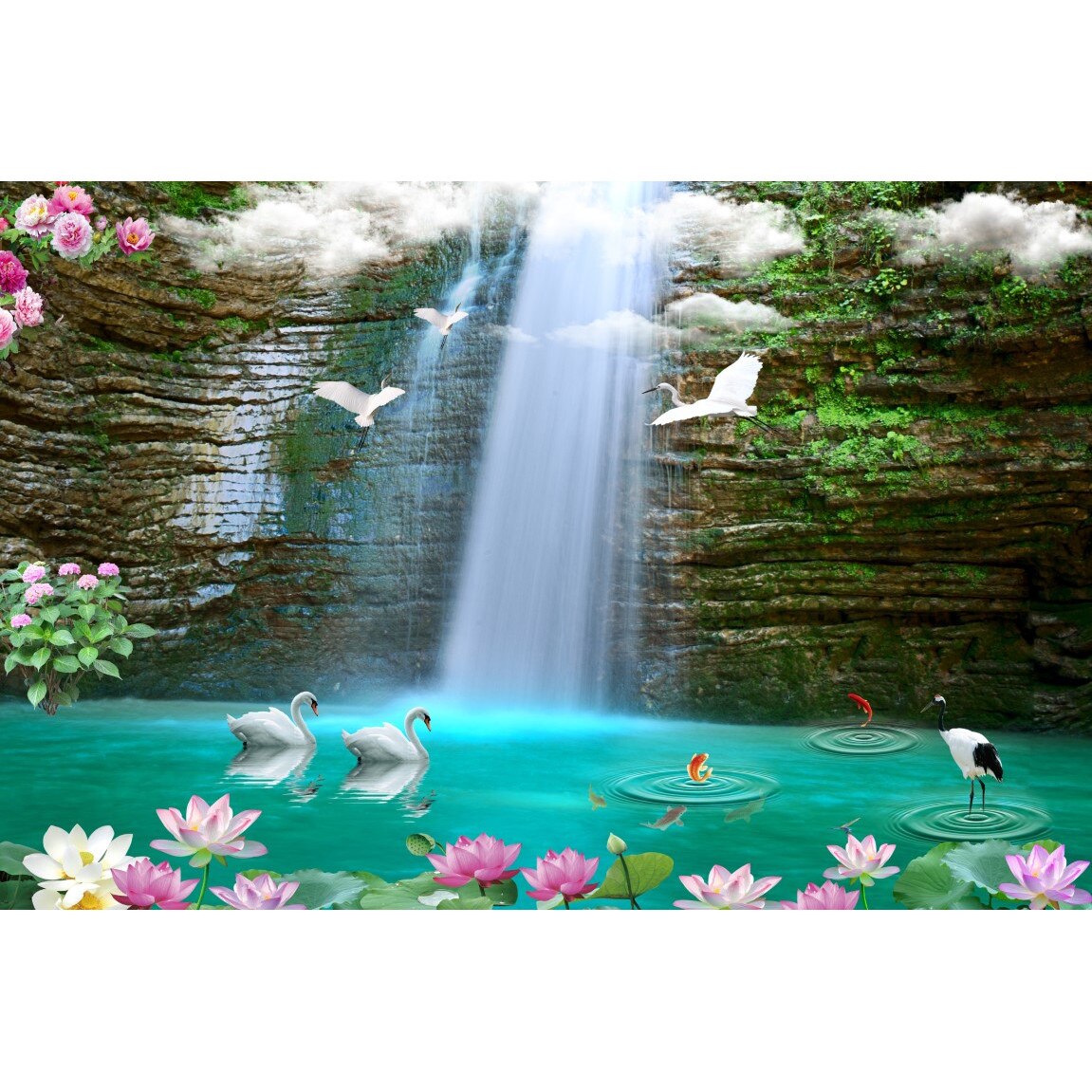 Tablou canvas - Cascada si lebedele, 75x50 cm