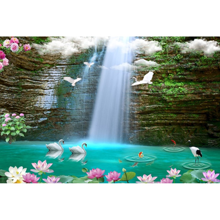 PVC matrica tapéta, Vízesés és hattyúk, 250x400 cm