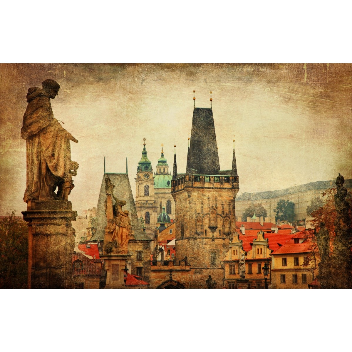 Tablou canvas - Statuie si cladiri vintage, 90x50 cm