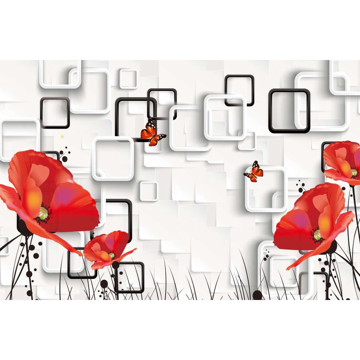 Fototapet autocolant PVC , Flori rosii si fluturi abstract, 250x400 cm