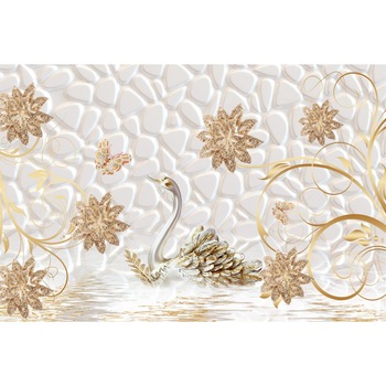 Fototapet autocolant PVC , Flori aurii si lebada, 200x300 cm Fototapet autocolant PVC , Flori aurii si lebada, 200x300 cm