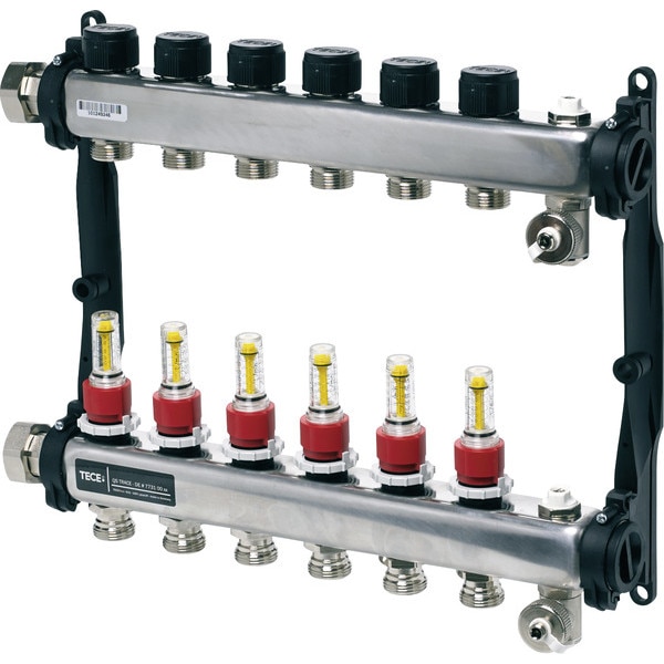 Distribuitor TECEfloor SLQ RECTANGULAR otel inox, cu debitmetre, complet echipat 10 cai x 3/4