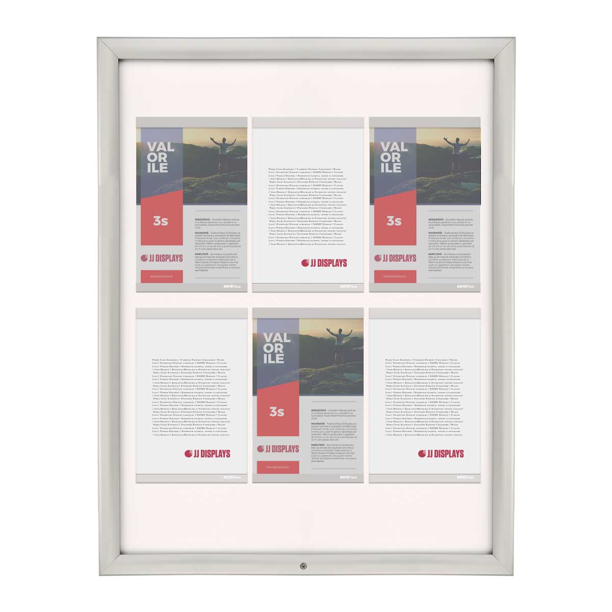 Avizier securizat cu NANO JJ DISPLAYS, format 6 x A4, cu rama click din aluminiu, 700x1000 mm, rezistenta la exterior