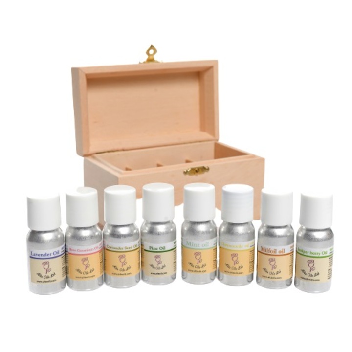 Set 8 uleiuri esentiale pentru aromaterapie Alta Oils, Cu cutie de lemn, 80 ml
