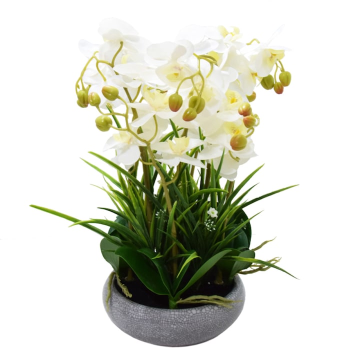 Exkluzív óriás mű orchidea – fehér, szürke cserépben