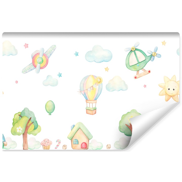 Fototapet copii ORAS acuarela 270cm x 180cm Colorat, Efect 3D, Modern, Soare, Desene animate, Creative decor, Living