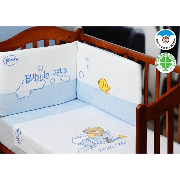 Детски спален комплект GLUCK Bath, 3 части, Син, памучен сатен, памук, калъф за възглавница, калъф за юрган и обиколник