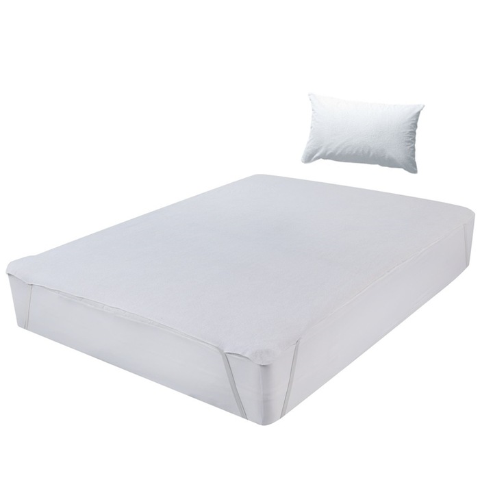 Set 2 piese impermeabile Metru Patrat, compus din husa de protectie impermeabila cu elastic pe colturi pentru saltea de 70/200 + 1 husa impermeabila pentru perna de 50/70