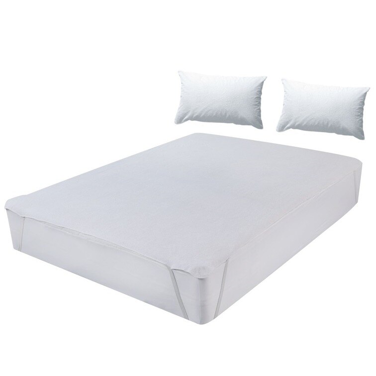 Set 3 piese impermeabile Metru Patrat, compus din husa de protectie impermeabila cu elastic pe colturi pentru saltea de 200/190 + 2 huse impermeabile pentru perna de 50/70