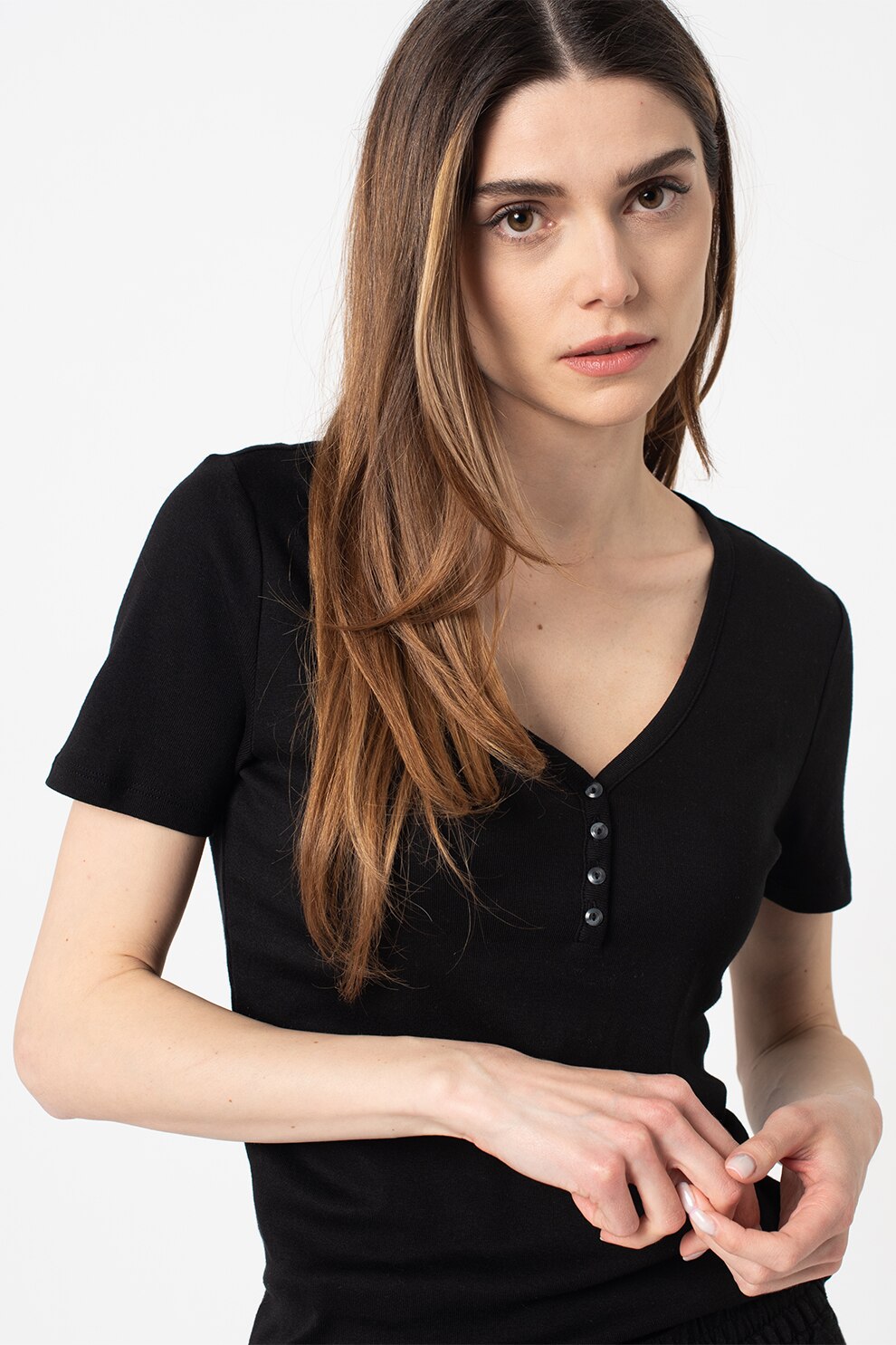 GAP, Tricou din amestec de modal cu decolteu in V, Negru