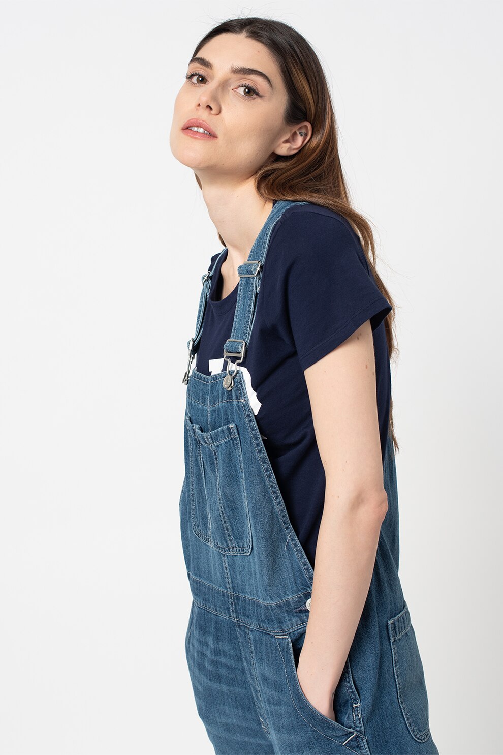 GAP, Salopeta crop de denim, Albastru inchis, M