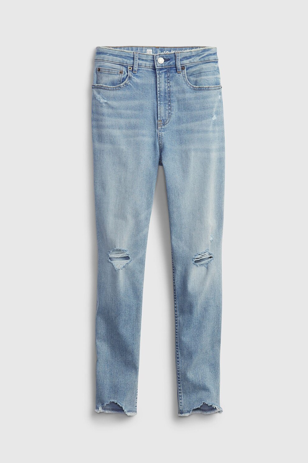 GAP, Blugi crop skinny cu talie inalta si aspect deteriorat, Bleu/Alb prafuit
