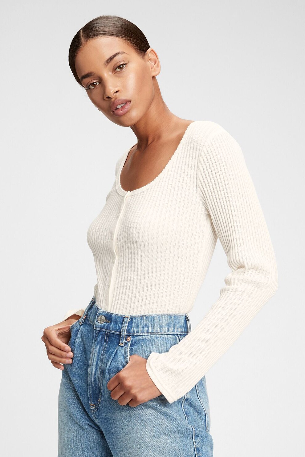 GAP, Bluza din jerseu cu nasturi si model pointelle, Alb