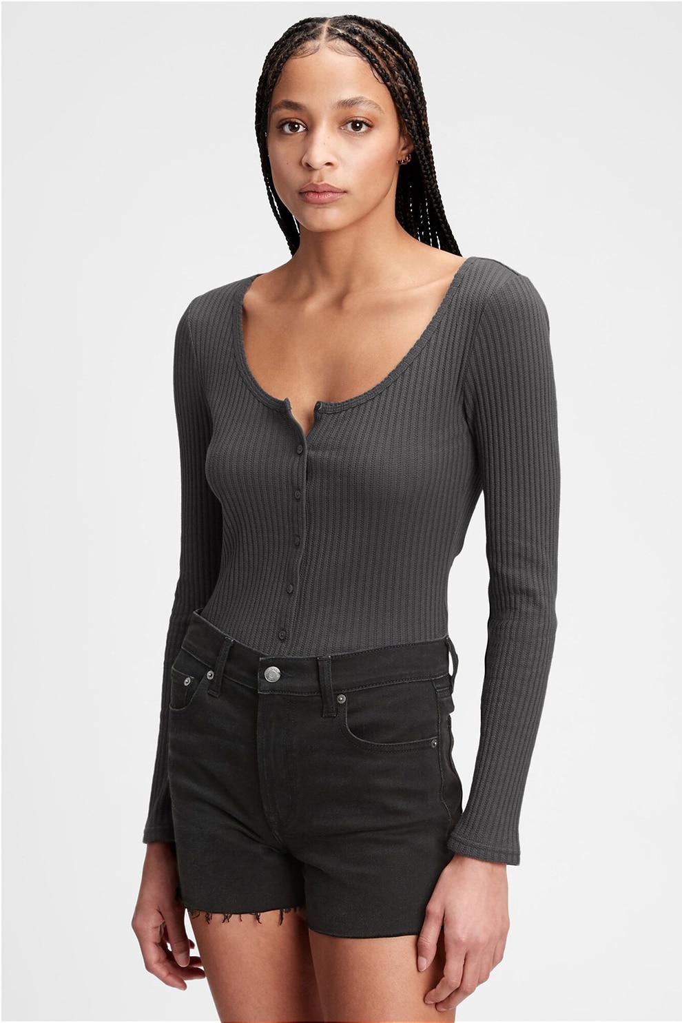 GAP, Bluza din jerseu cu nasturi si model pointelle, Gri antracit