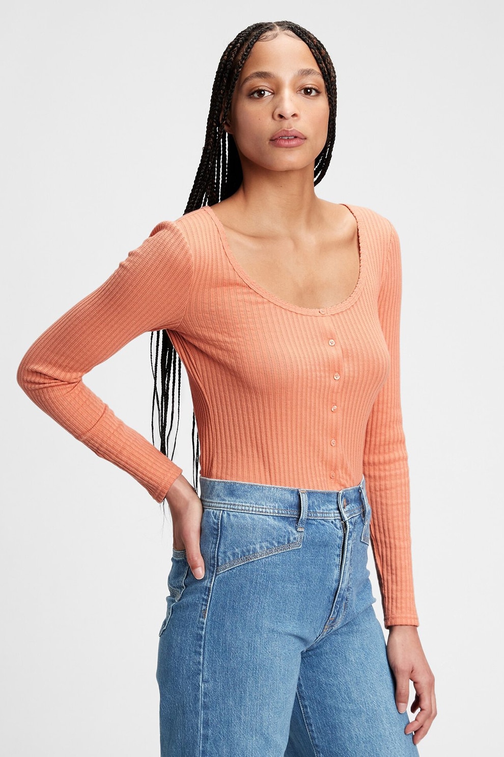 GAP, Bluza din jerseu cu nasturi si model pointelle, Roz somon