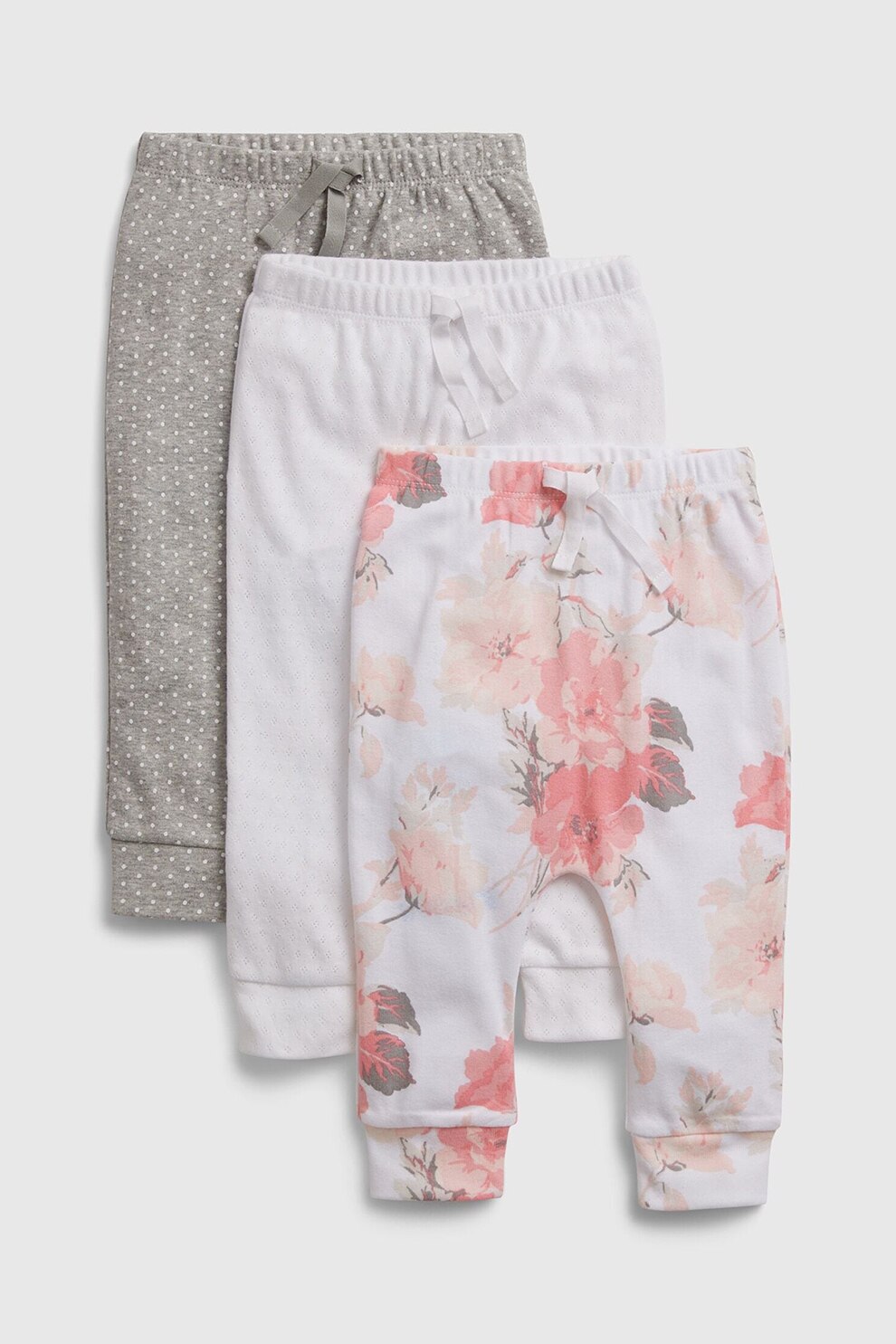 GAP, Set 3 perechi de pantaloni, fete, cu imprimeu si snur in talie, Alb/Corai/Grej