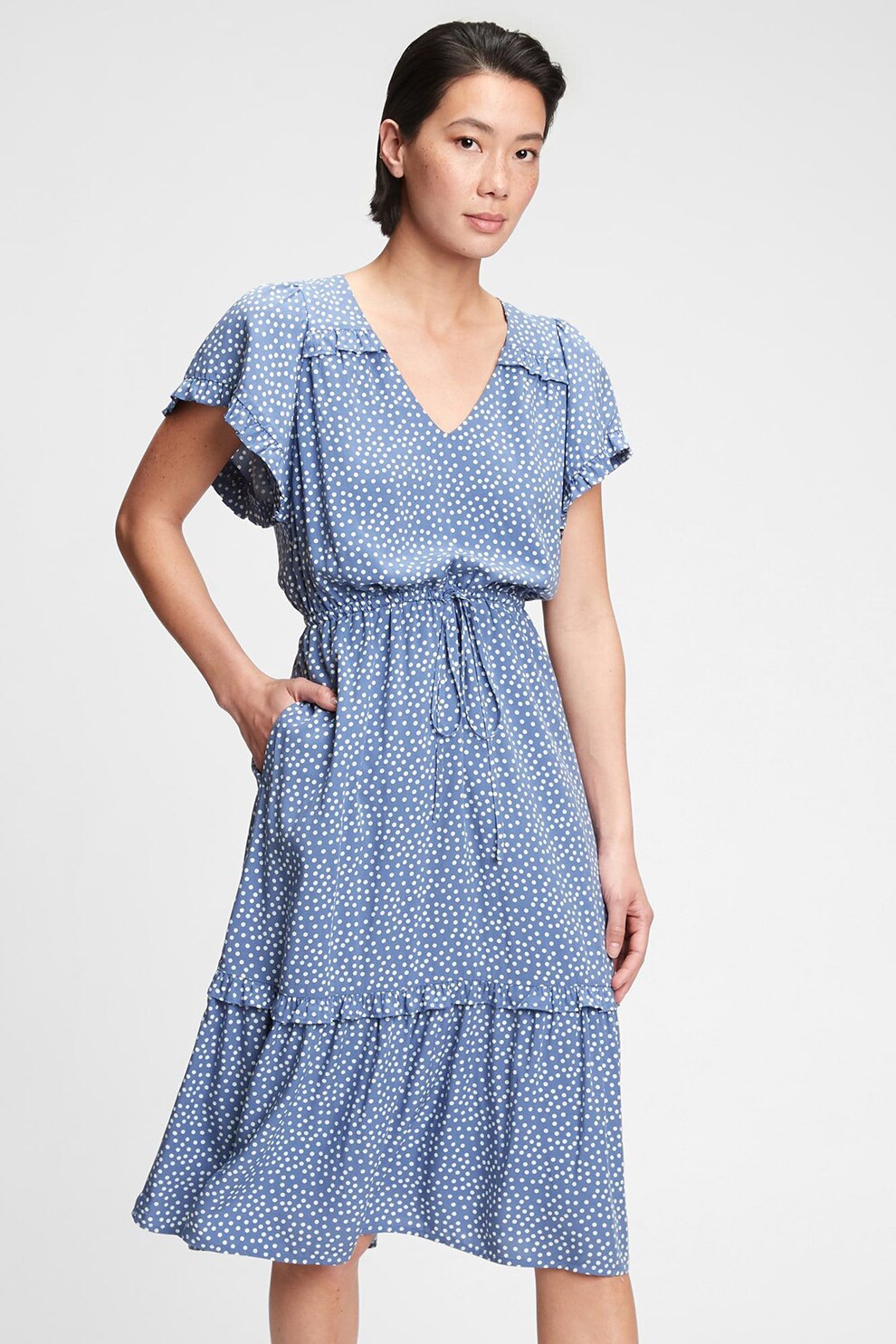 GAP, Rochie evazata cu decolteu in V, Albastru lavanda/Alb