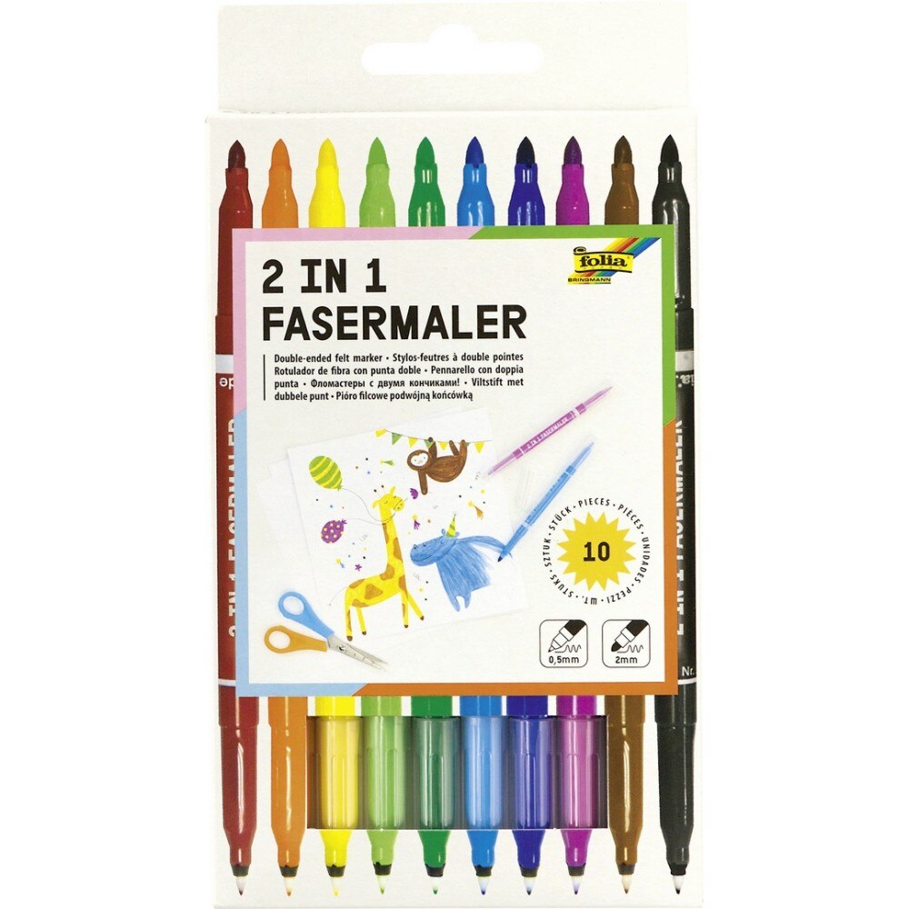 Set markere cu doua capete, Dual Tip, 10 culori asortate, Folia