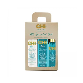 Set pentru par Chi Aloe Vera All Spiraled Out, Crema 147ml + Leave-in 177ml + Ulei 89ml Set pentru par Chi Aloe Vera All Spiraled Out, Crema 147ml + Leave-in 177ml + Ulei 89ml