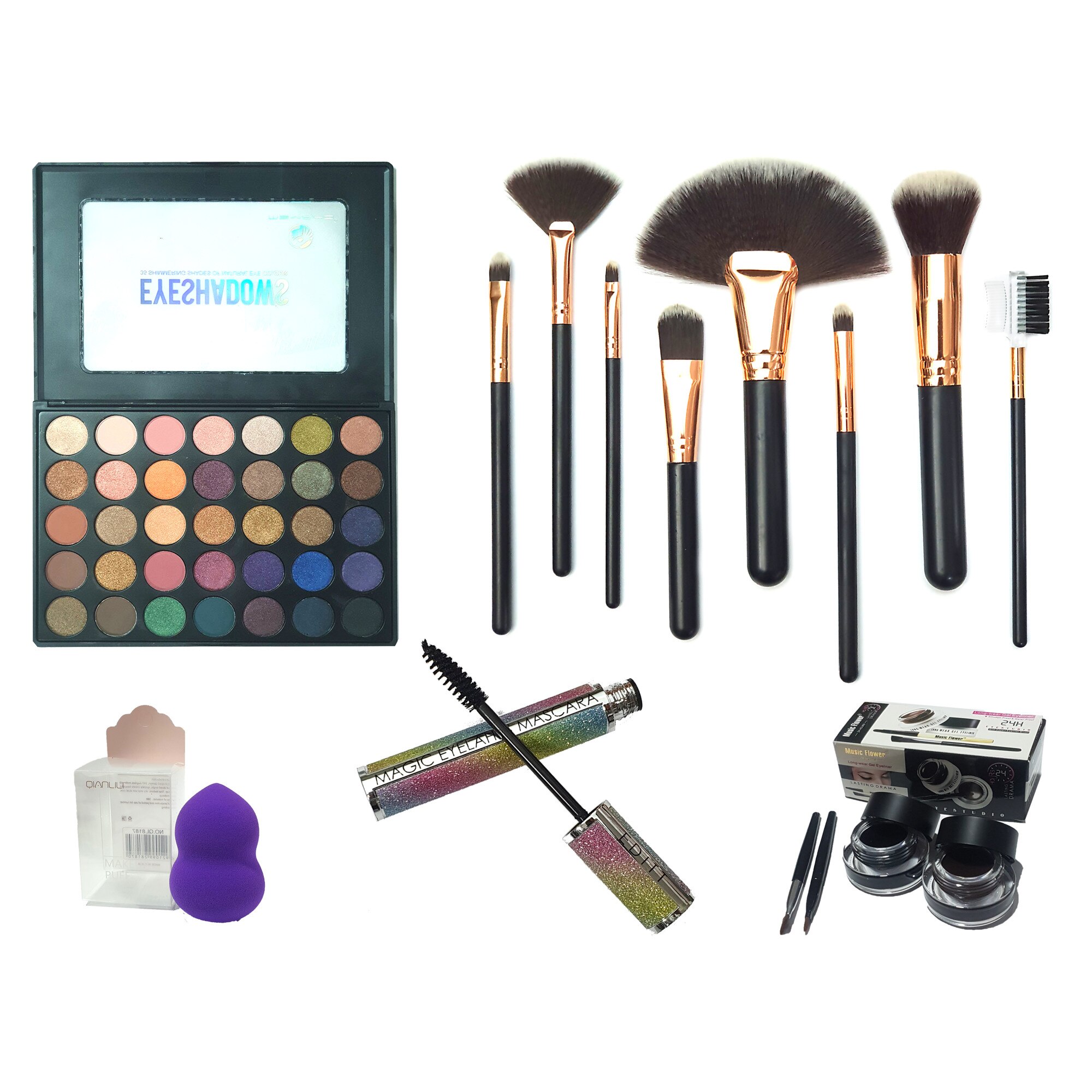 Set machiaj complet farduri Msyaho35 cu 8 pensule, mascara, tus, buretel