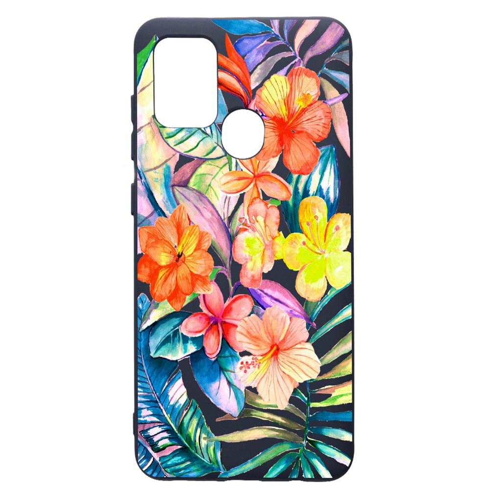 Husa Premium Silicon Compatibila Cu Samsung Galaxy A21S, Tropical Flowers, cu interiorul din material textil, protectie camera, Alaskan Blue, PAB498