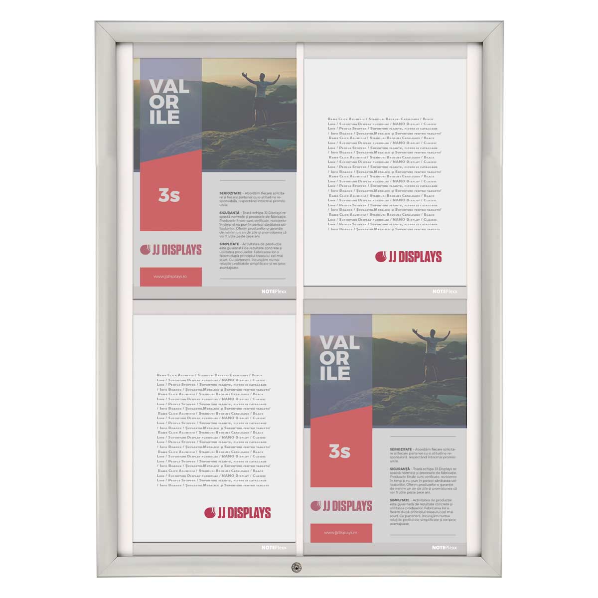 Avizier securizat cu NANO JJ DISPLAYS, format 4 x A4, cu rama click din aluminiu, 500x700 mm, rezistenta la exterior