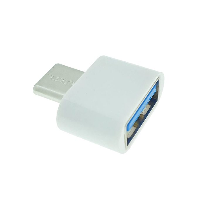 Преходник OTG USB 2.0 женски към USB тип C мъжки, захранване, връзка и пренос на данни, бял