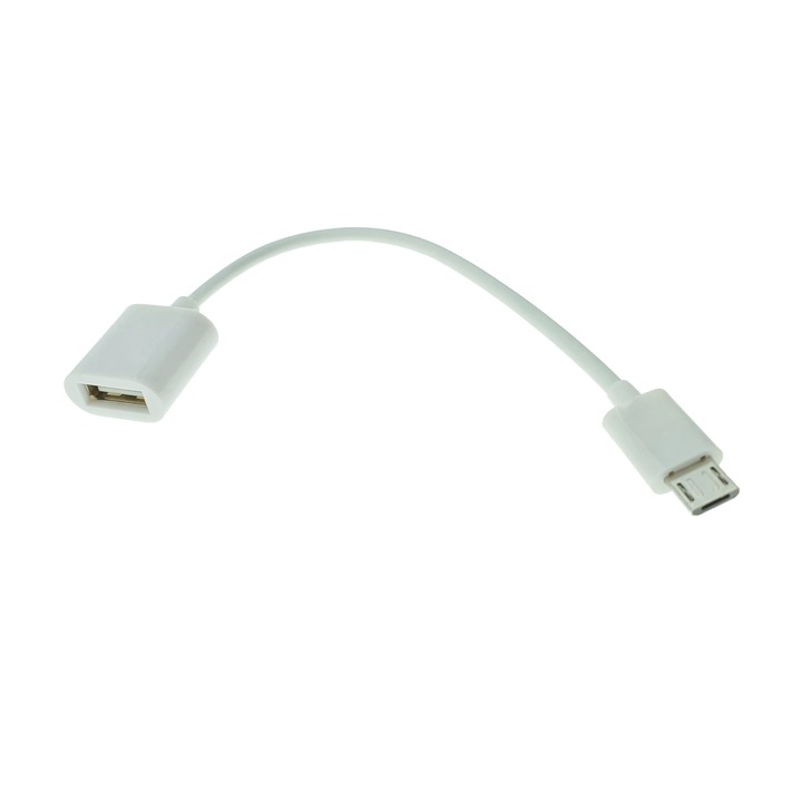 OTG преходен кабел USB 2.0 женски към microUSB мъжки, 12 см, бял