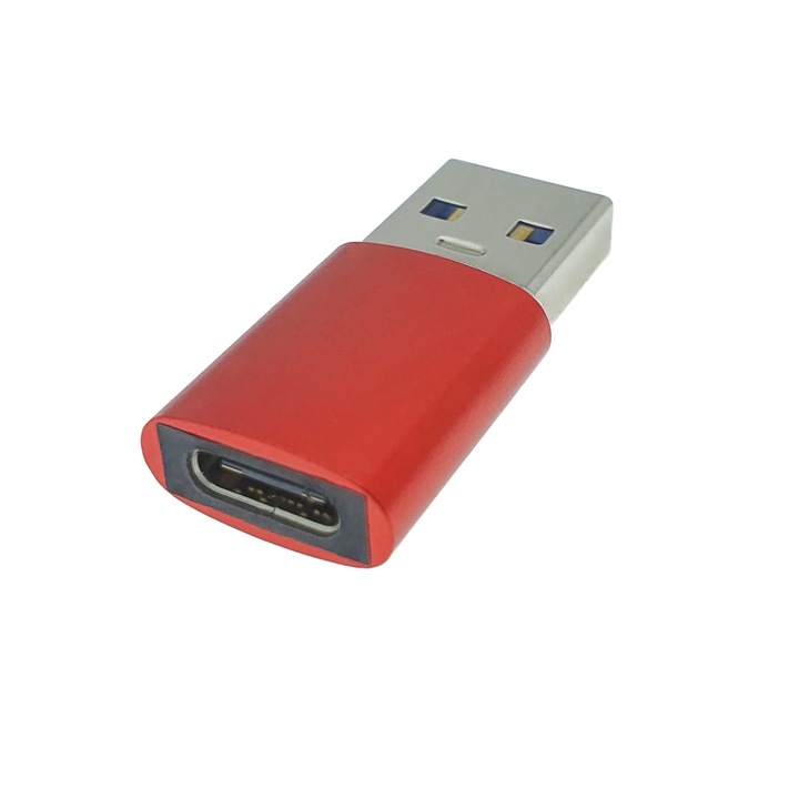 OTG адаптер, USB 3.1 мъжки към USB тип C женски, Алуминиев корпус, Data C 080, Захранване и трансфер на данни, Червен