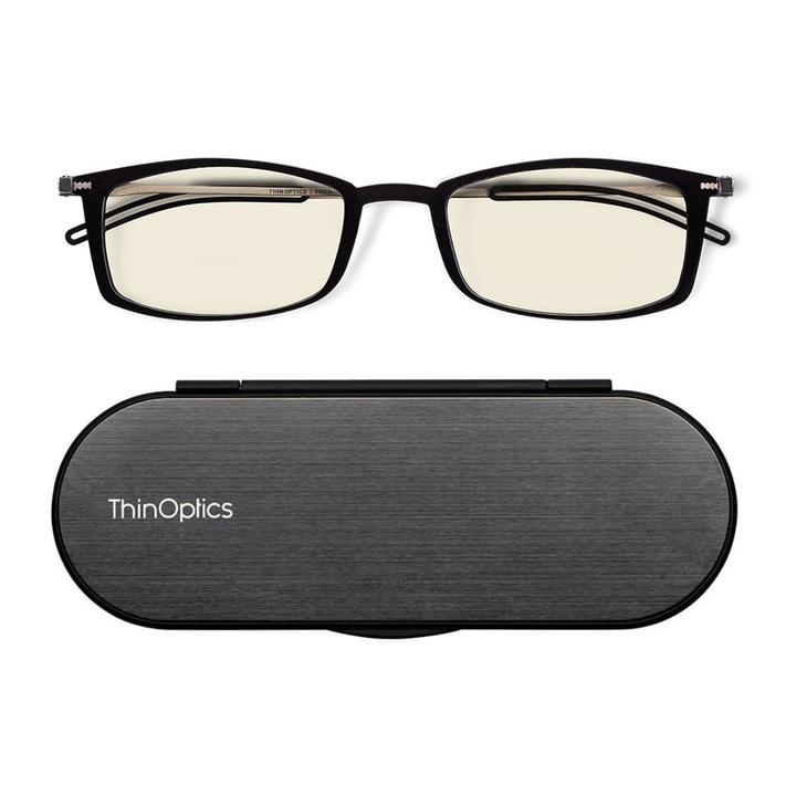 Ochelari de vedere cu protectie computer, pentru citit, cu brate, THINOPTICS, +1.00, ultra slim, etui slim magnetic, rame Brooklyn negre
